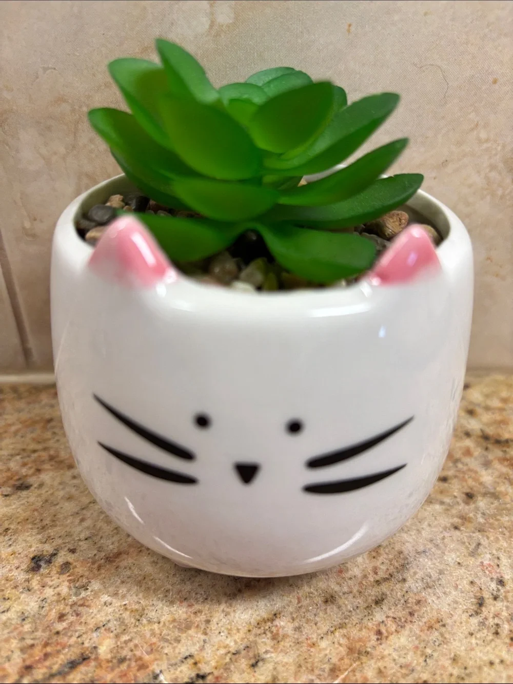 Cute White Cat Planter with Pink Ears & Faux Succulent